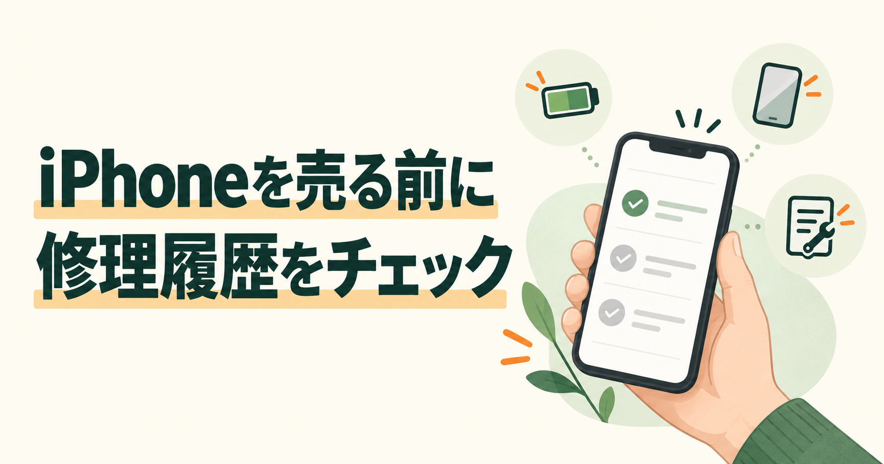 iPhoneを売る前に修理履歴をチェック。スマートフォンとバッテリー・画面・修理記録のイラスト。